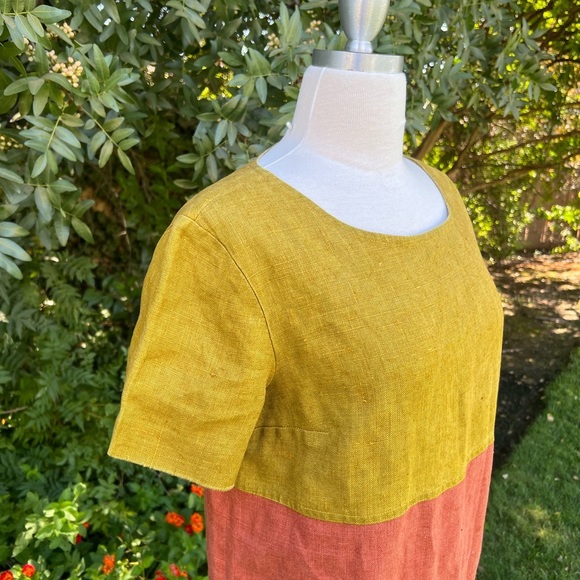 Andrea Jovine 100% linen Short Sleeve Colorblock Dress - Gold ,Orange, Black - Picture 2 of 7